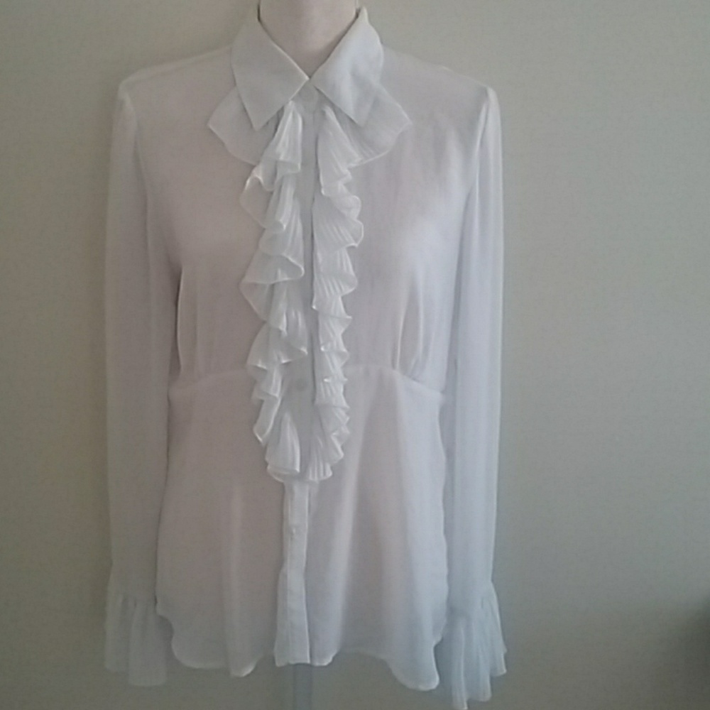 CAbi white sheer ruffled blouse. Size L